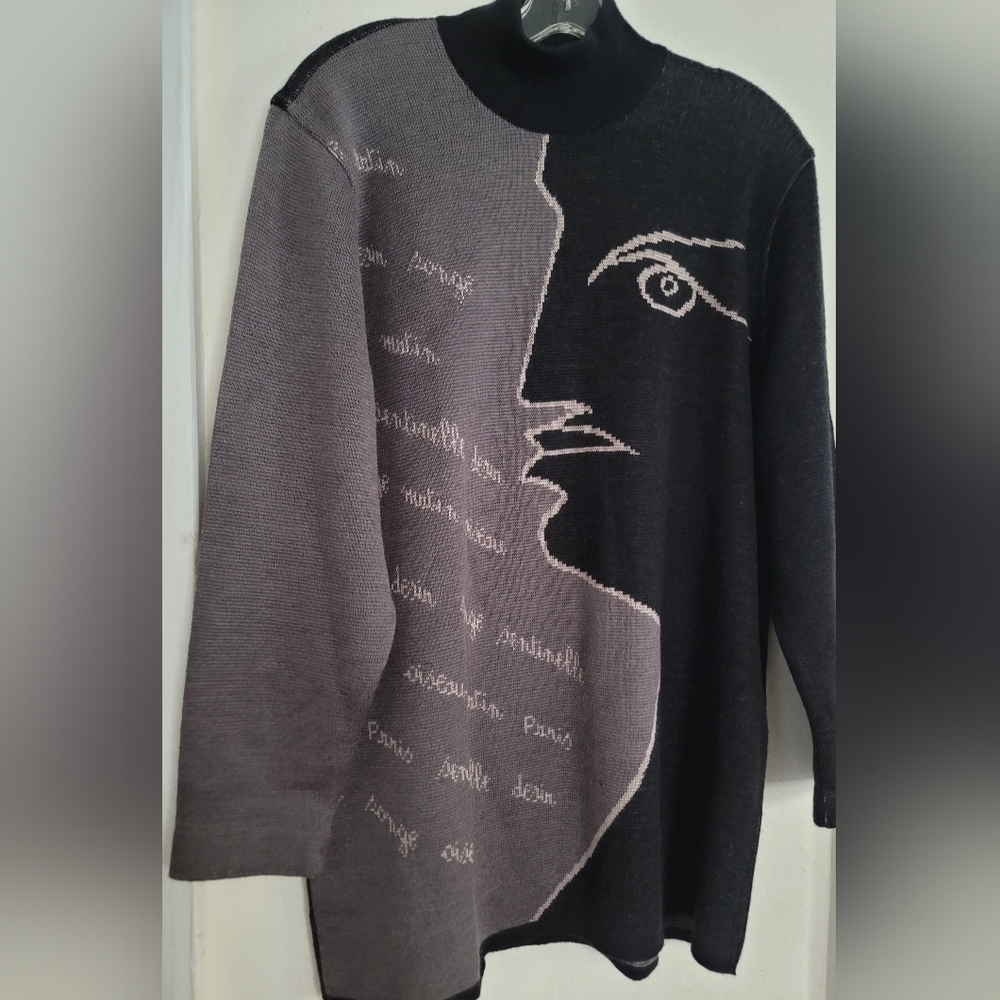 Vtg Rodier Black Gray Mock Neck Graphic Wool Blend Tunic Sweater Size Large - Picture 6 of 13